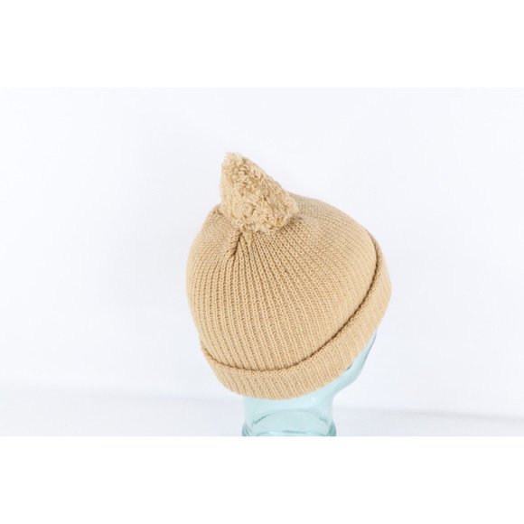 NOS Vintage 90s Streetwear Blank Ribbed Knit Pom Winter Beanie Hat Tan Womens